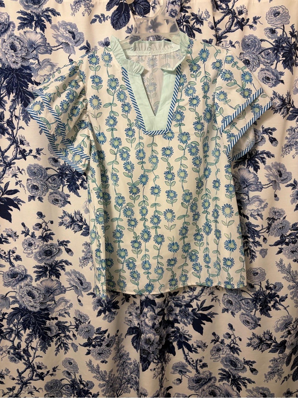 Light Blue Floral V-Neck Women's Top